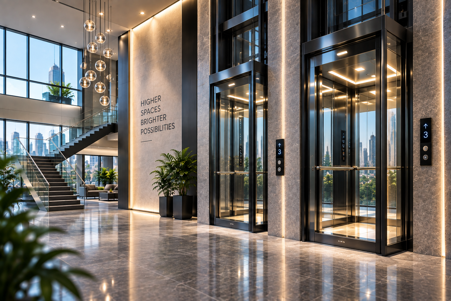 Stainless steel elevator doors in a modern marble lobby
