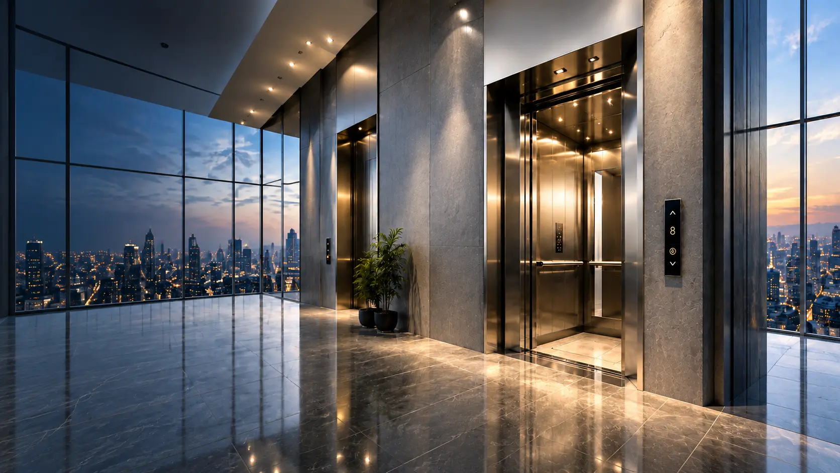 Modern glass home elevator inside a residence near a staircase
