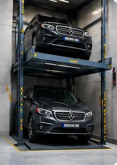 Modern indoor multi-level parking garage with parked cars