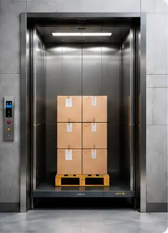 Warehouse storage filled with boxes and pallets ready for a goods lift