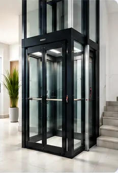 Modern glass home elevator inside a residence near a staircase