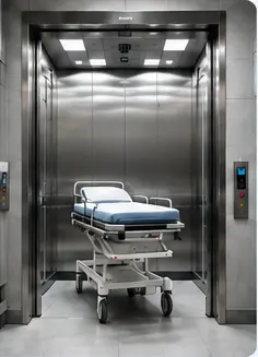 Well-lit hospital hallway leading to doors at the end of the corridor