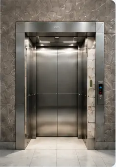 Closed stainless steel passenger elevator doors in a marble lobby